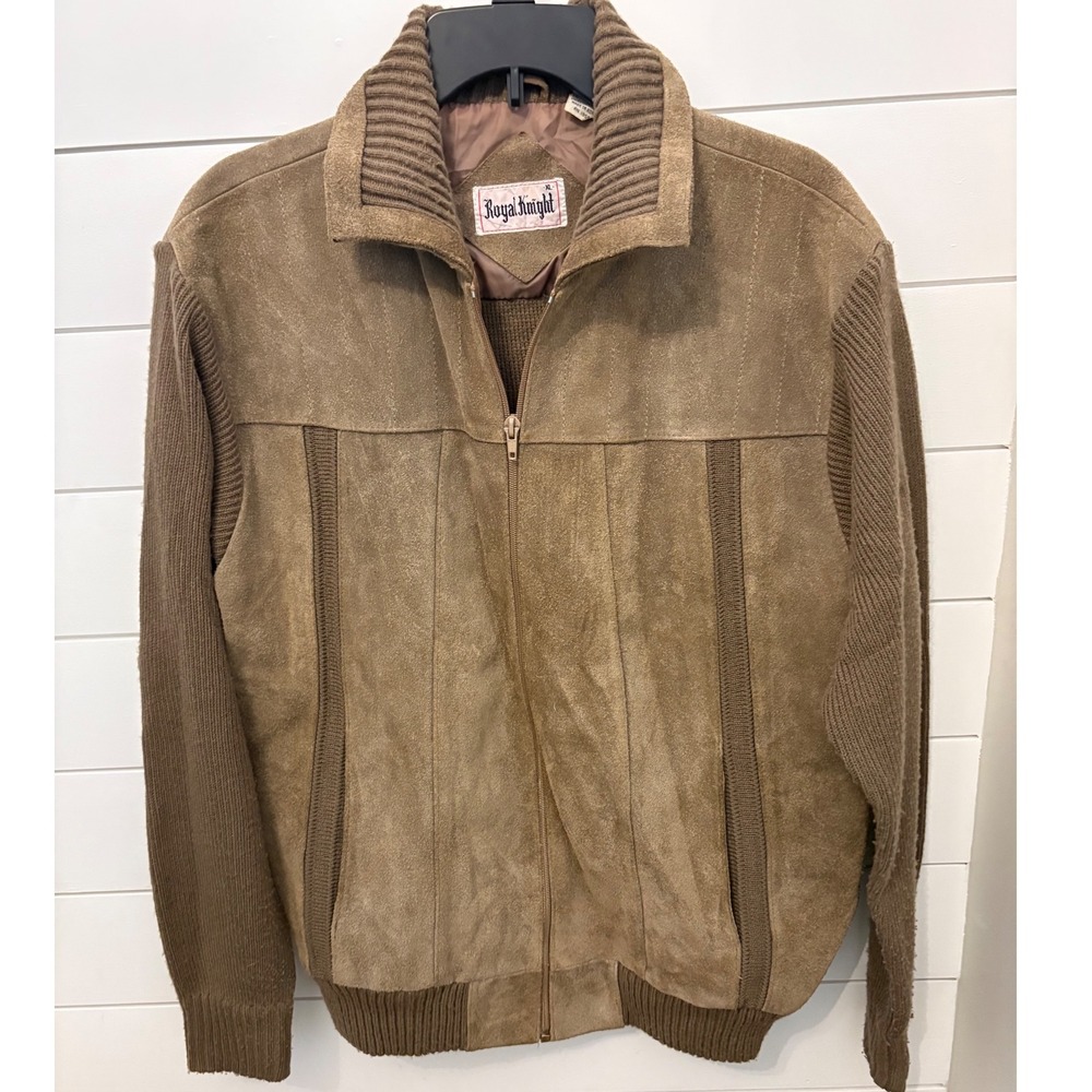 Vintage Royal Knight Leather Knit Jacket Mens XL‎ Full Zip Bomber Coat